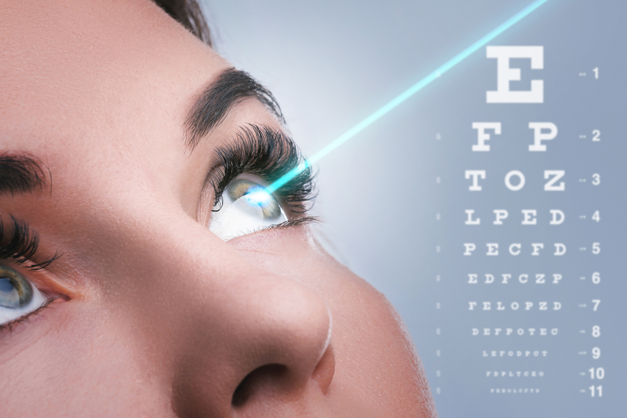 The image shows a female's cropped face and a laser beam in her eye as the featured image for Which conditions does LASIK treat